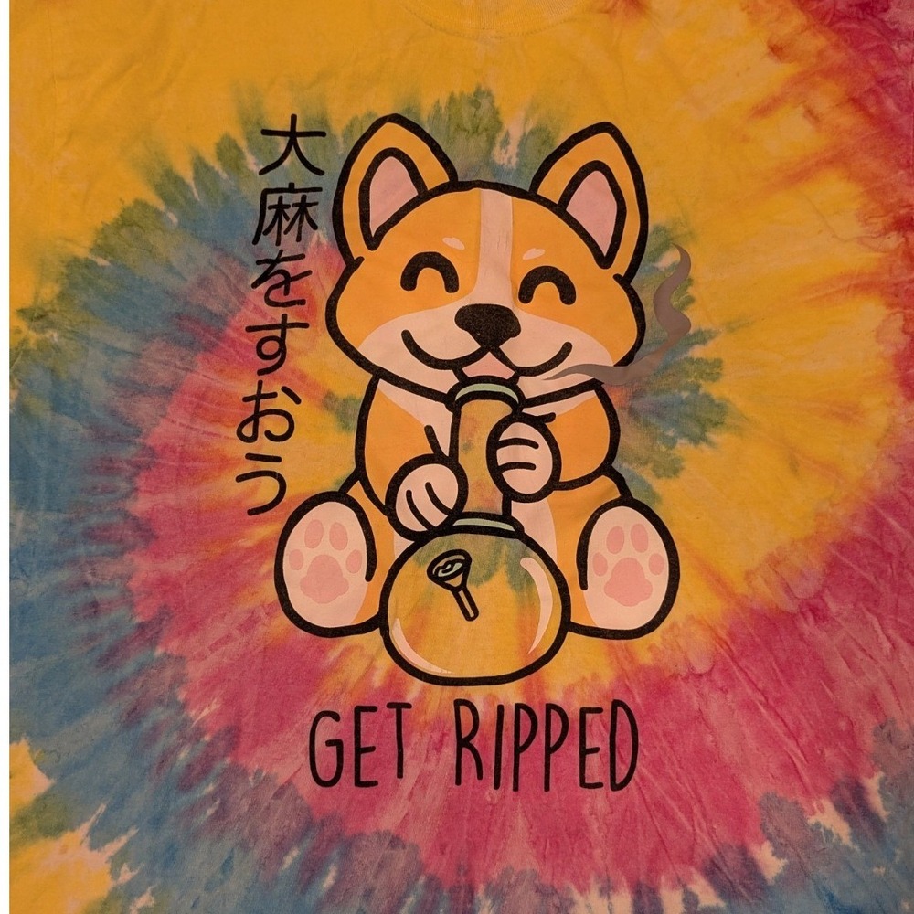 Y2K Trippy Tie Dye Stoner Shiba Inu Get Ripped Graphic Tee XL